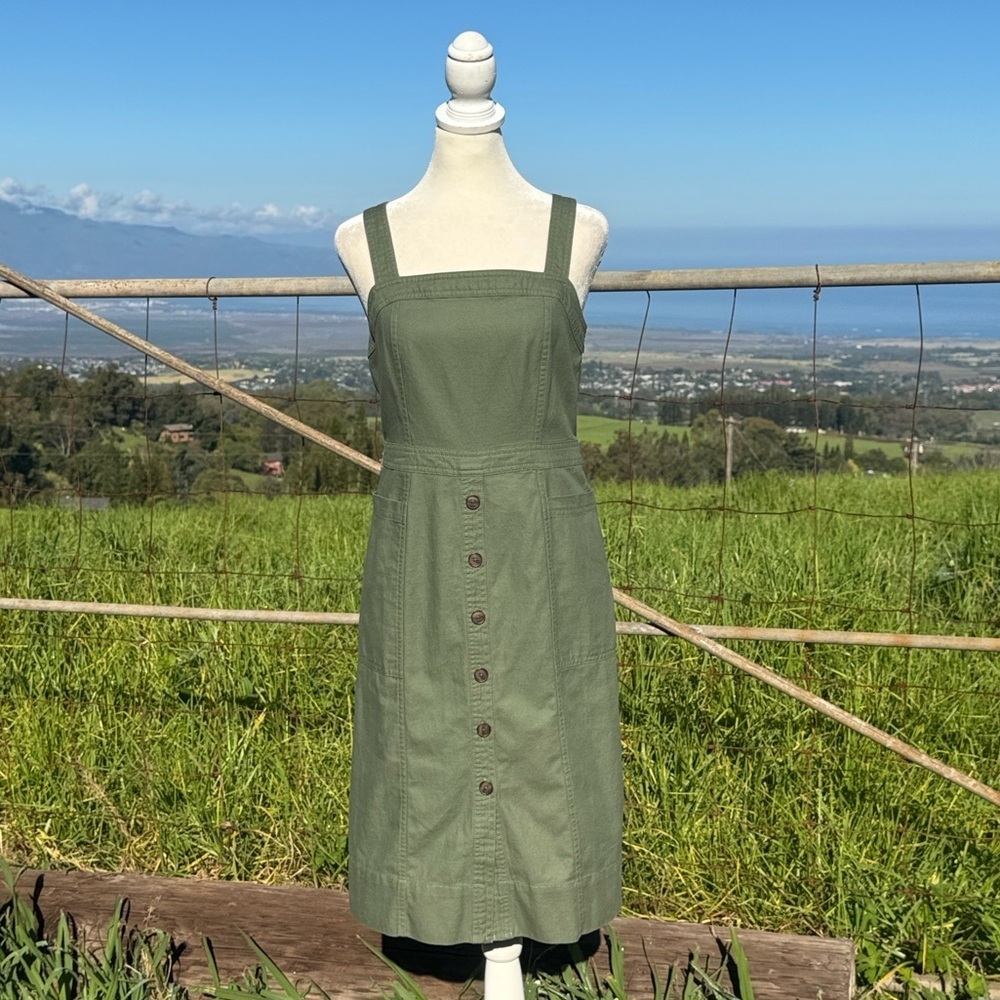 Gap Y2K Apron Sleeveless khaki knee length Dress linen blend utility 2